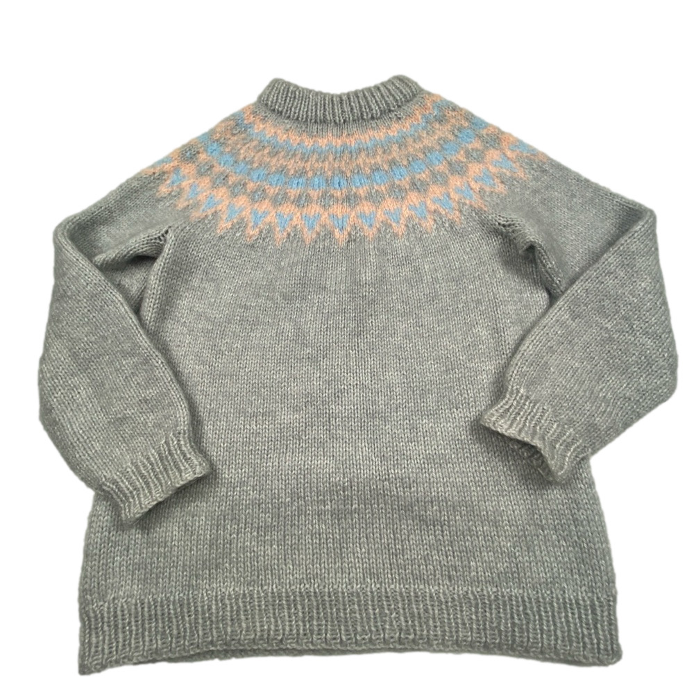 NEW Handmade Fair Isle Chunky Knit Sweater Grey Peach Light Blue Crew Neck Med